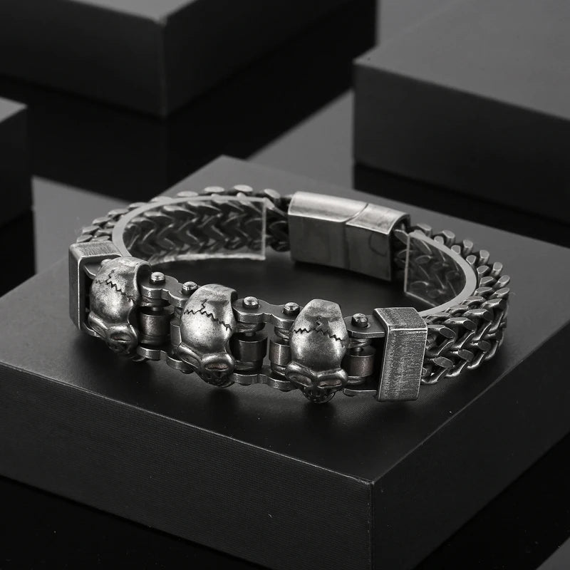 KALEN 220mm Punk Triple Skull Charms Stainless Steel Herringbone Chain Bracelets for Men
