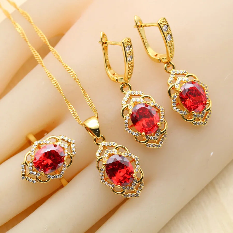 XOTICA 2023 New Red Cubic Zirconia Jewelry Set for Women Earrings Open Ring Pendent Necklace for Wedding or Engagement