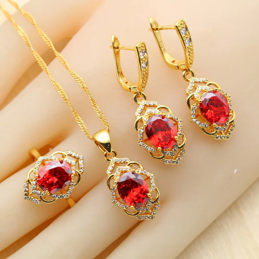 2023 New Red Cubic Zirconia Jewelry Set for Women Earrings Open Ring Pendent Necklace for Wedding or Engagement