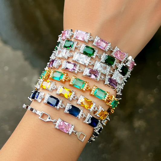 Glamorous Jewelry Gold Plated Rectangle Light Green Cubic Zirconia Anniversary Wedding Party Chain Link Bracelets for Women Man