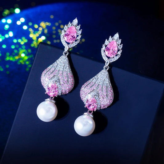 S&S Pink CZ Pavé Pearl Huggie Drop Earrings – Pear Cut – Rhodium Plated – Collection