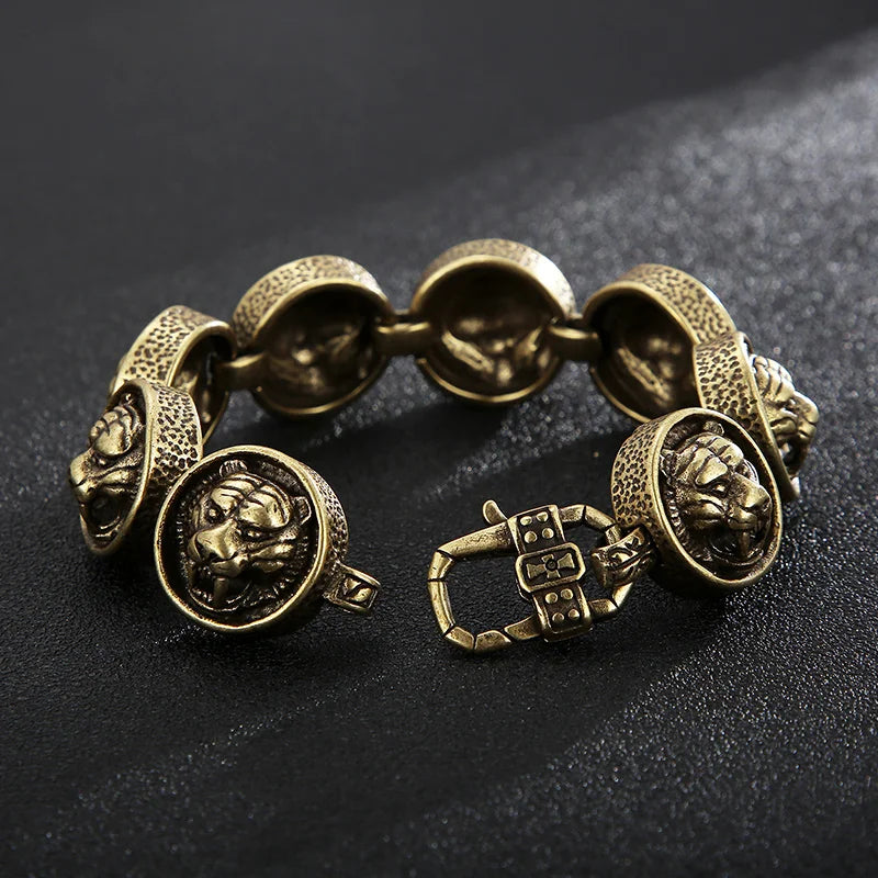 REBEL 225mm Punk Brass Stainless Steel Round Link Bracelets With Tiger Patterns