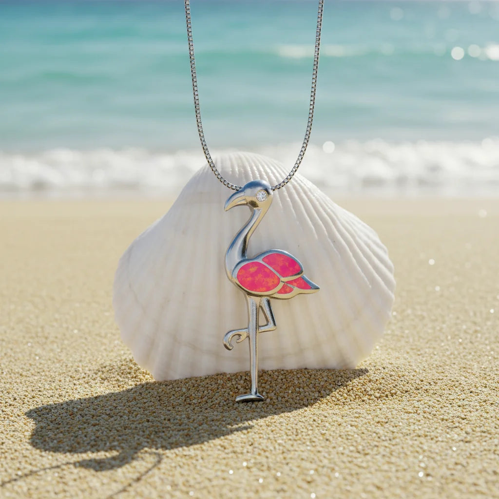 Shimmering Open Flamingo Necklace Opal Inlaid Pendant Fashion Jewelry