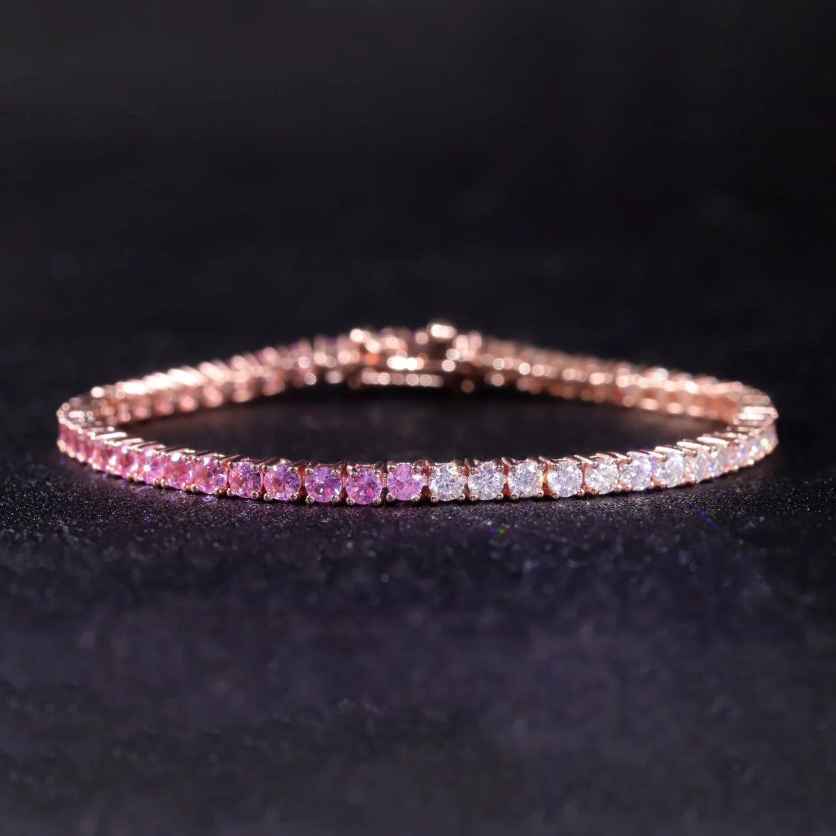 Gemfiori Gradient Pink Tennis Bracelet 925 Silver Pink Lab Grown Sapphire & White Moissanite Silver Rose Gold Plated Tennis Bracelet