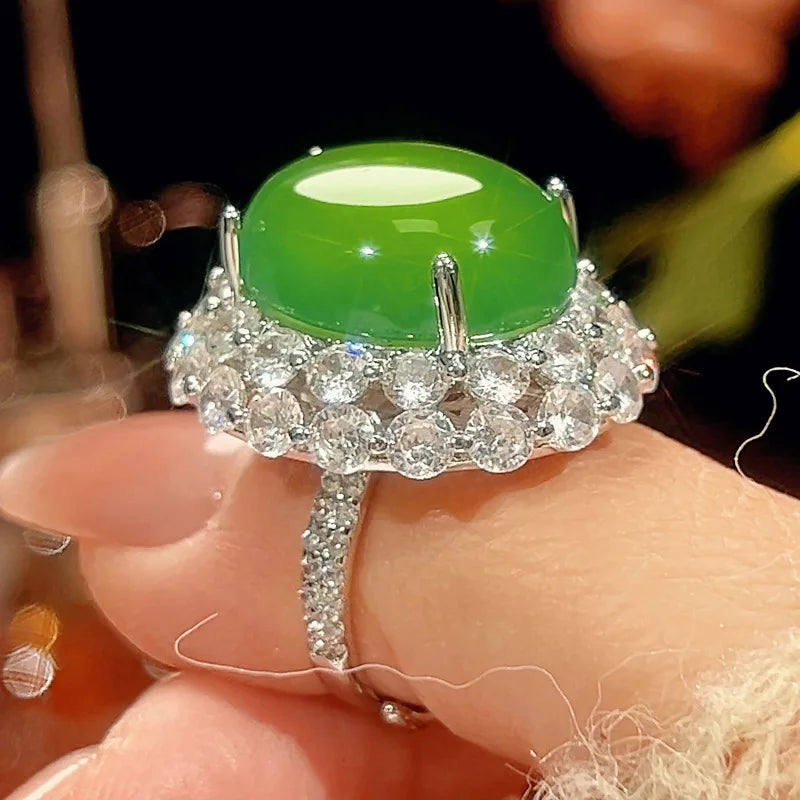 REDheart Fashion Copper Inlaid Zircon Rhodium & Gold Plated Green Chalcedony Light Luxury Anniversary Necklace Set