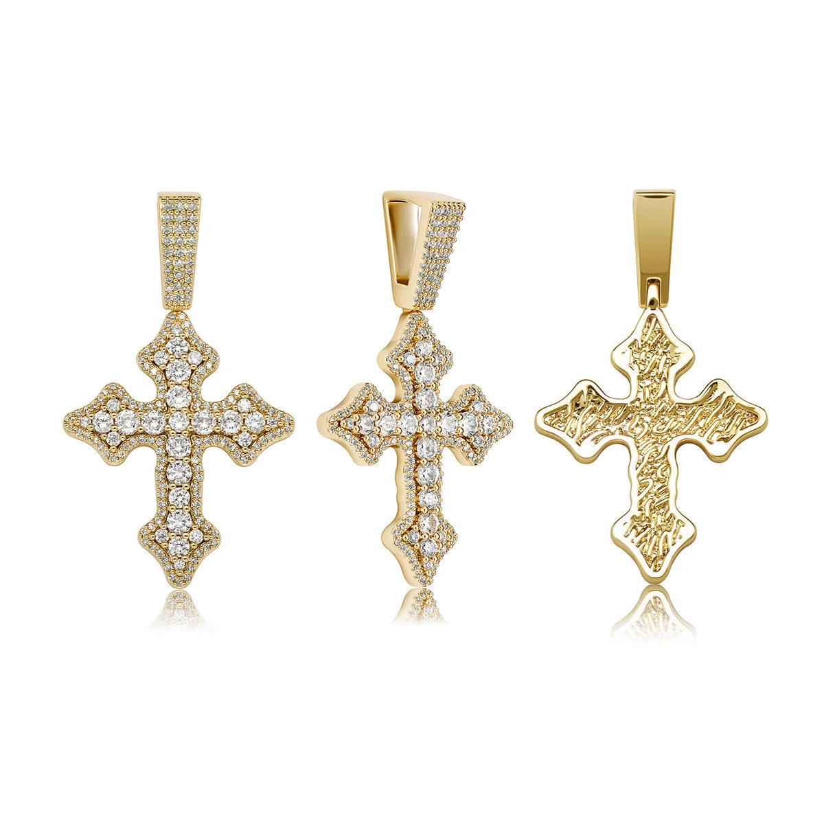 REBEL 14K Gold Plated Iced Out CZ Cross Pendant Rope Chain Hip Hop Cubic Zirconia Gothic Diamond Jesus Cross Necklace for Men Women