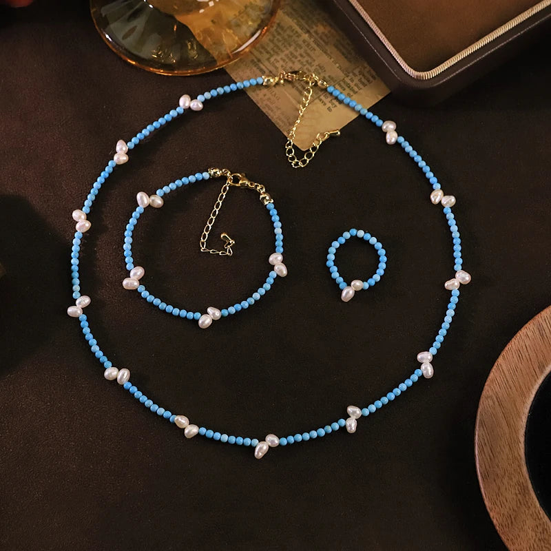 GLSEEVO Natural Freshwater Pearl & Turquoise Bead 3-Piece Jewellery Set — Necklace, Bracelet & Ring