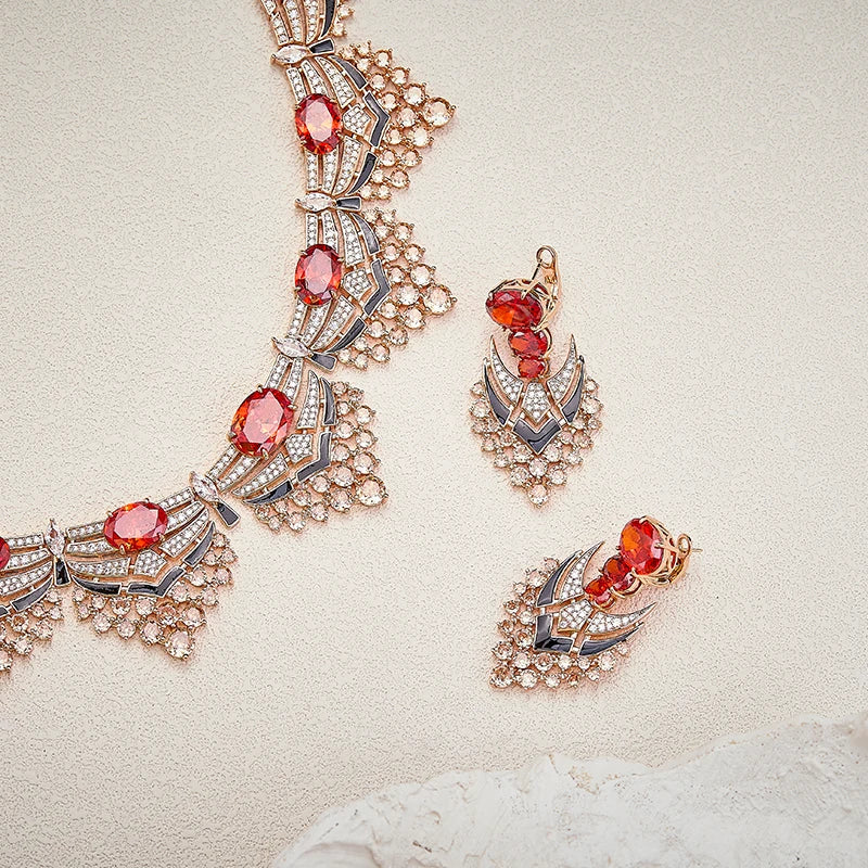Pigeon Blood Red Enamel Zircon Necklace Earrings 2-piece Set Banquet Wedding  High Quality Jewelry India's Bestselling Gifts
