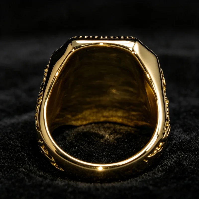 Gemfiori Fine Jewelry S925 Silver 14K Gold Plated Ruby Ring Vintage Carved Rectangle Red Gemstone Ring Wide Band Ruby Ring for Men