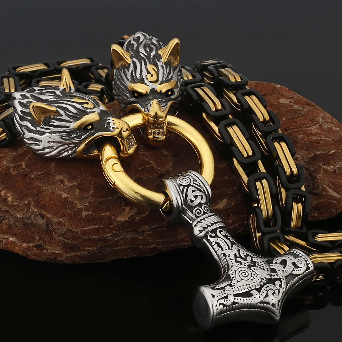 Wholesale Men's Stainless Steel Punk Pendant Necklace Gold Plated Thor Hammer Mjolnir for Mens Jewelry