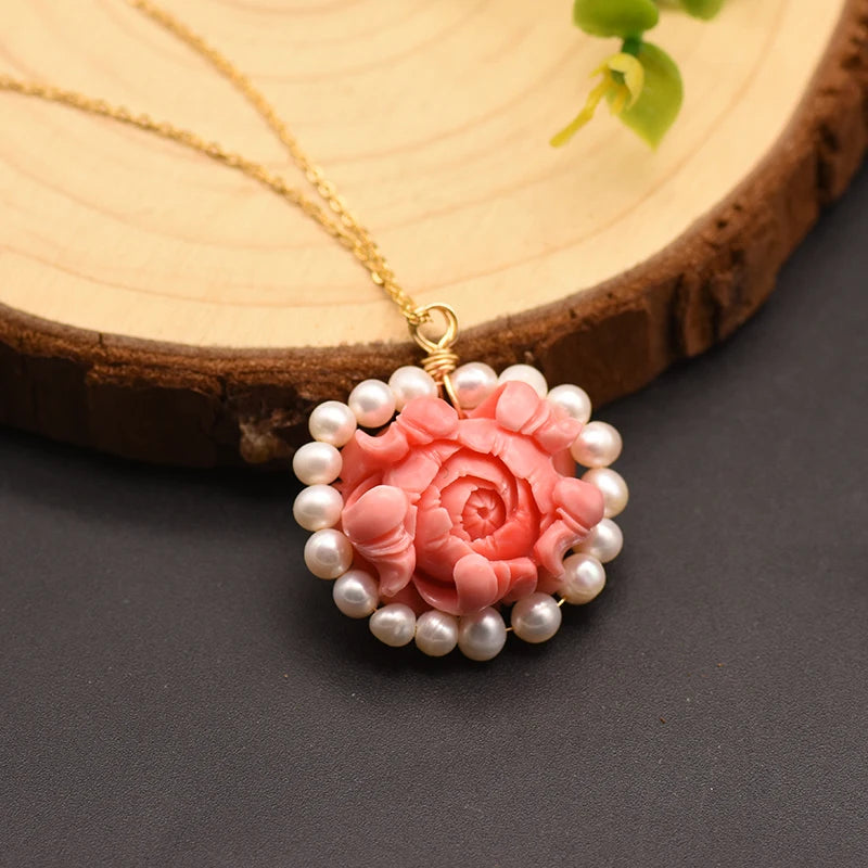 Coral Natural Freshwater Pearl Necklace 18k Brass Gold Plated Flower Elegant Luxury Necklace Jewelry Lover Engagement Gift