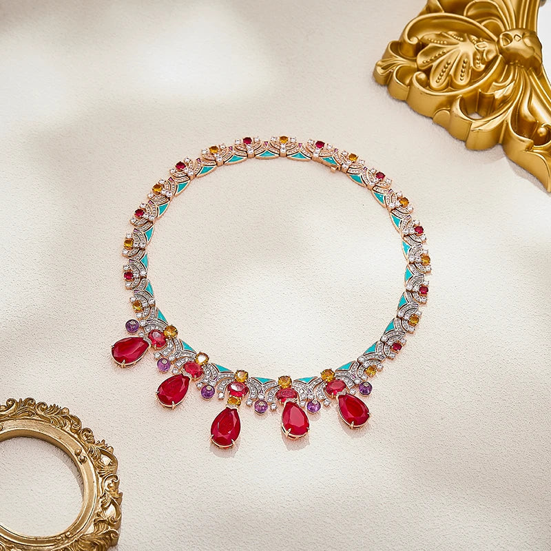 Pigeon Blood Red Zirconium Pear Shaped Sexy Women's Necklace Enamel High-end High-quality Brass Indian Jewelry Gift