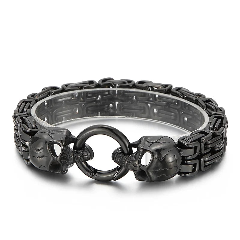 KALEN Mens 230mm Punk Stainless Steel Skull Charm Byzantine Link Bracelet