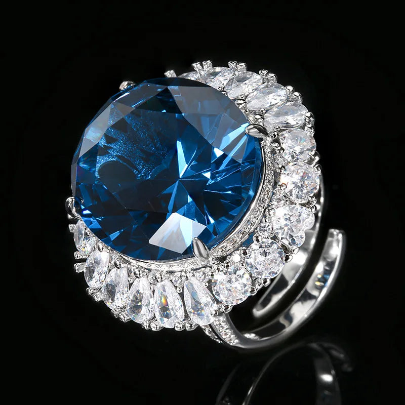 Gemfiori Elegant Oval Red Blue Zircon Pendant Necklace Adjustable Ring Cubic Zircon Jewelry Set