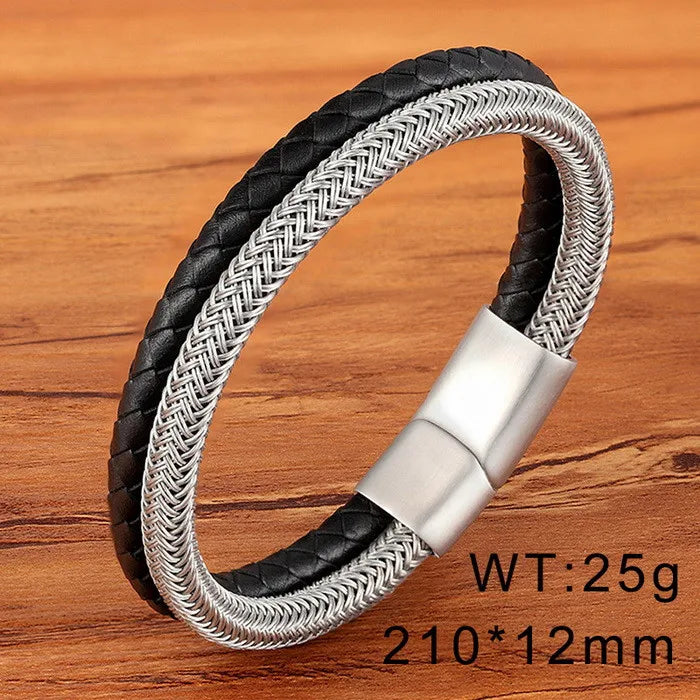 KALEN 12mm Width Men Mature Silver/Black Stainless Steel&Cowhide Leather Double Chain Bracelet