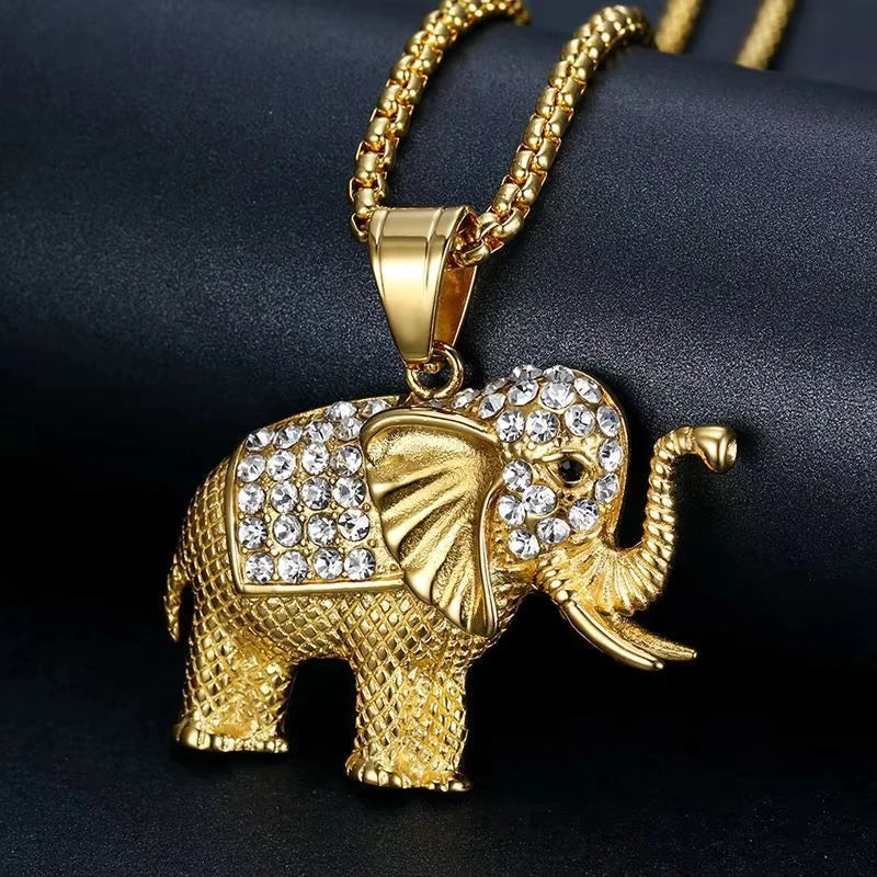 Hip Hop Animal Elephant Cubic Zirconia Waterproof Tarnish Free Stainless Steel Jewelry Pendant Necklaces for Male Man Mens