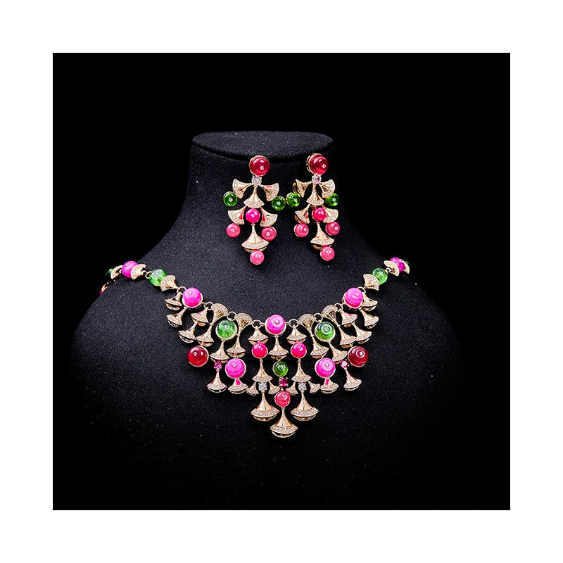 Luxury Red Zirconia Fan & Tassel Dubai Moroccan Necklace & Earrings Bridal Set — Rhodium Plated