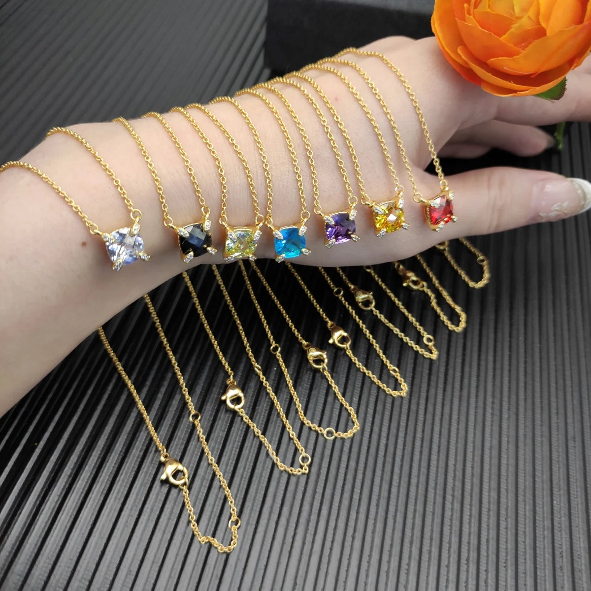 Gemfiori DY High-Quality Silver-Plated 8mm Four-Prong Diamond Necklace. Gold-Plated 8mm Colored Gemstone Necklace. Jewelry.