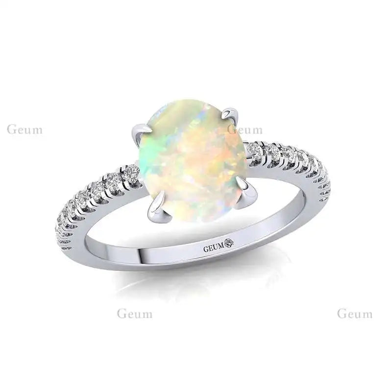 Unique Design Oval Shape Natural Ethiopian Opal Gemstone Ring Pure 14K Gold Rhodium Plated Adorned Genuine IGI Diamonds