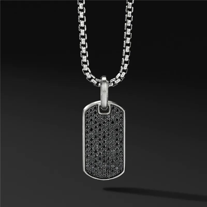 Stainless Steel Black Dog Tag CNC Zircon Diamond Pendant Necklace Mens Jewelry