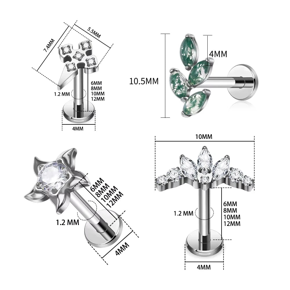 ASTM F136 Titanium 16G Internal Thread Zircon Inlay Labret Flat Back Lobe Helix Tragus Moon Cross Earrings Piercing Jewelry