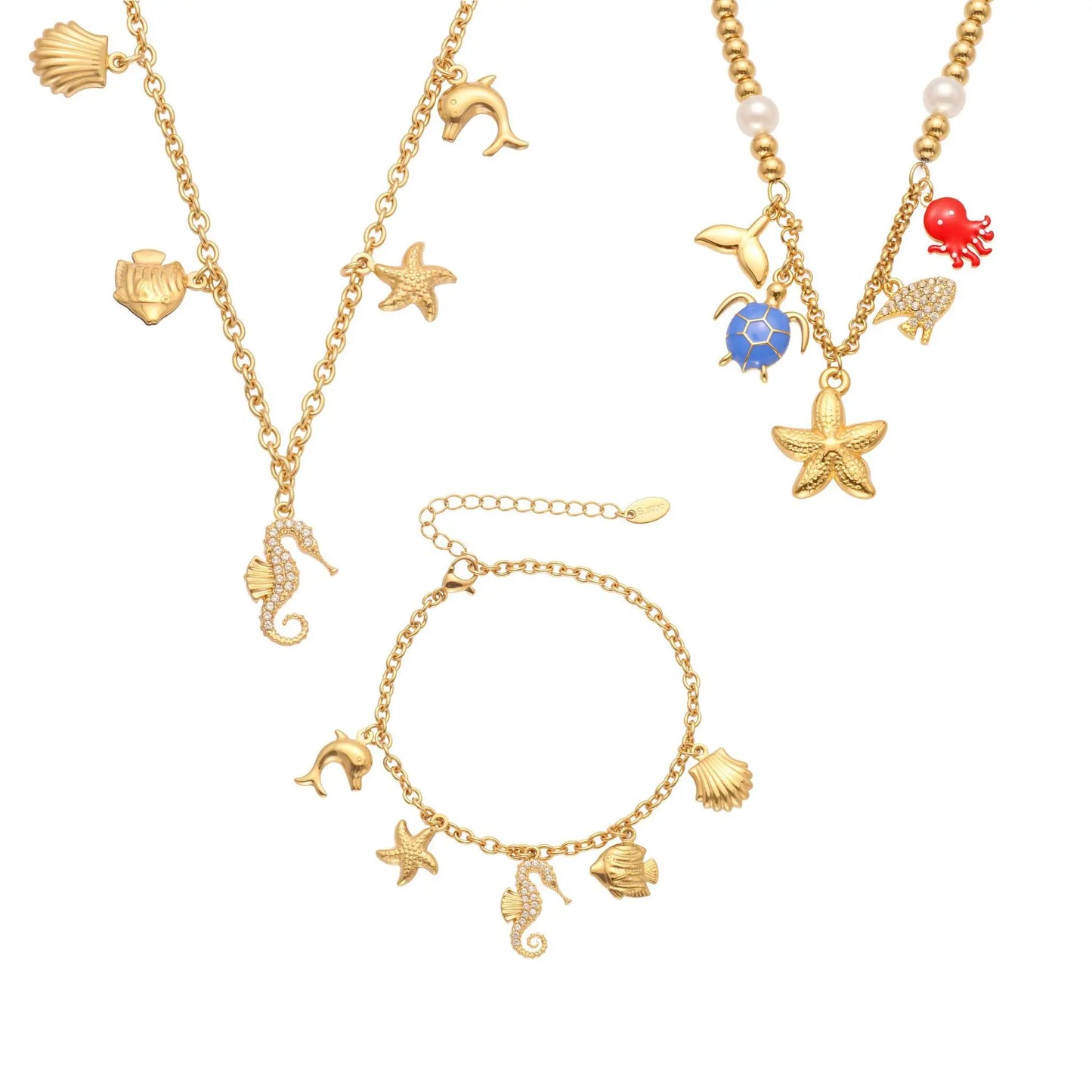 Seahorse & Starfish Natural Stone Multi-Pendant Necklace | 18K Gold Plated Coastal Fashion Jewellery