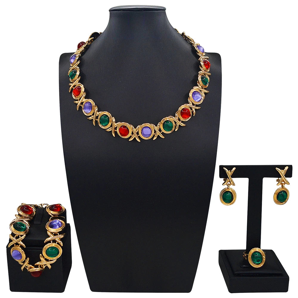 Zhuerrui Luxurious and Charming Gold-plated Jewelry Set, High-end and Dazzling Gemstone Jewelry for African Brides
