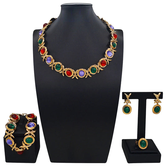Zhuerrui Luxurious and Charming Gold-plated Jewelry Set, High-end and Dazzling Gemstone Jewelry for African Brides
