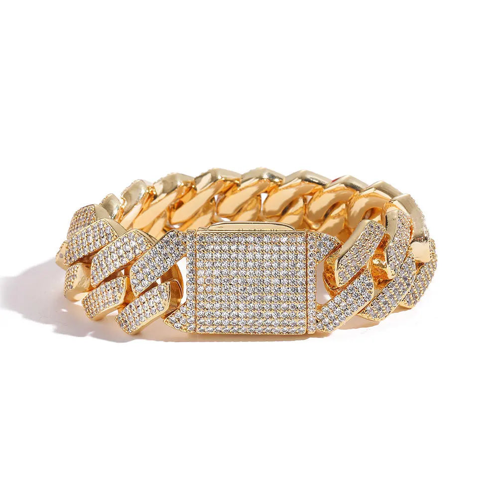 Wholesale Hip Hop 10mm 12mm 14mm 15mm 20mm Zircon 18k Gold Plated Bracelet Men Cuban Link Bracelet Homme Iced Out Bracelets
