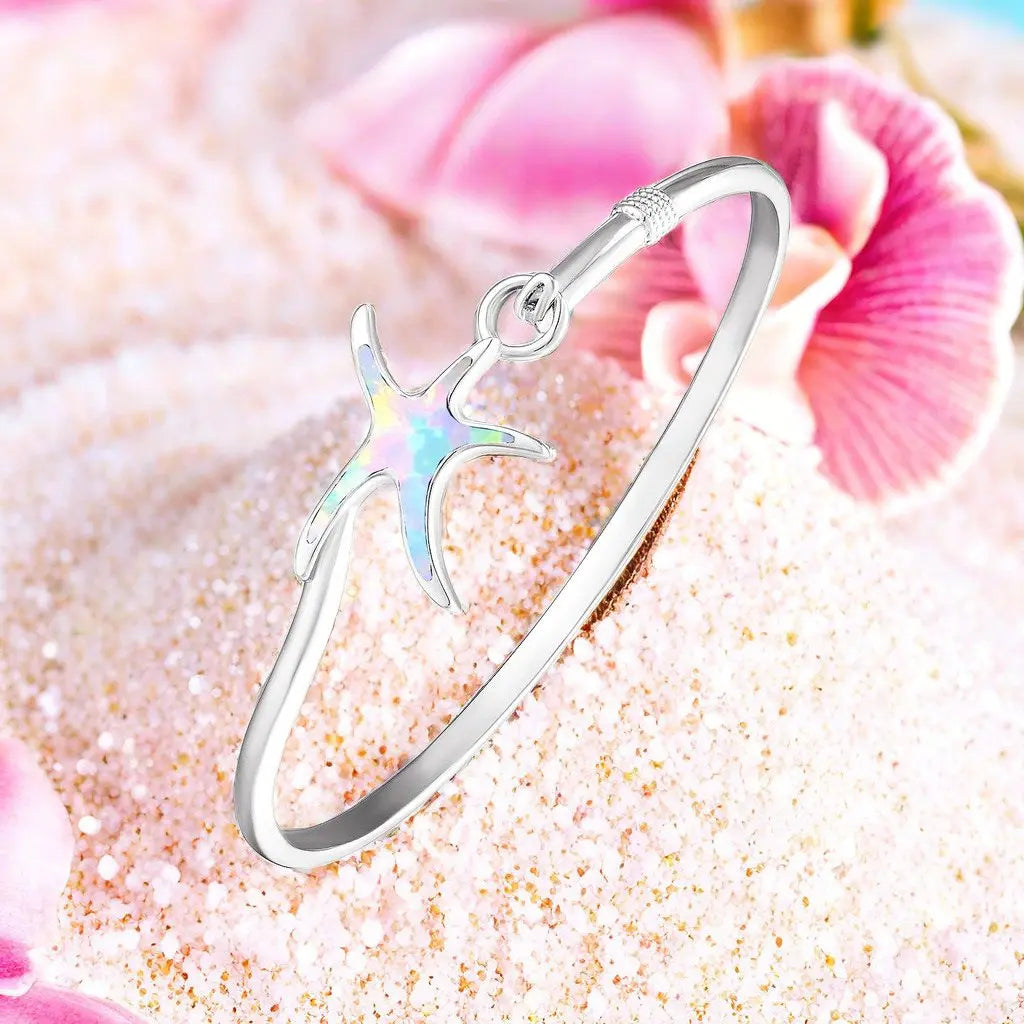 Shimmering Starfish Opal Bangle Aobao Greek Key Geometric Design Silver Tone Jewelry