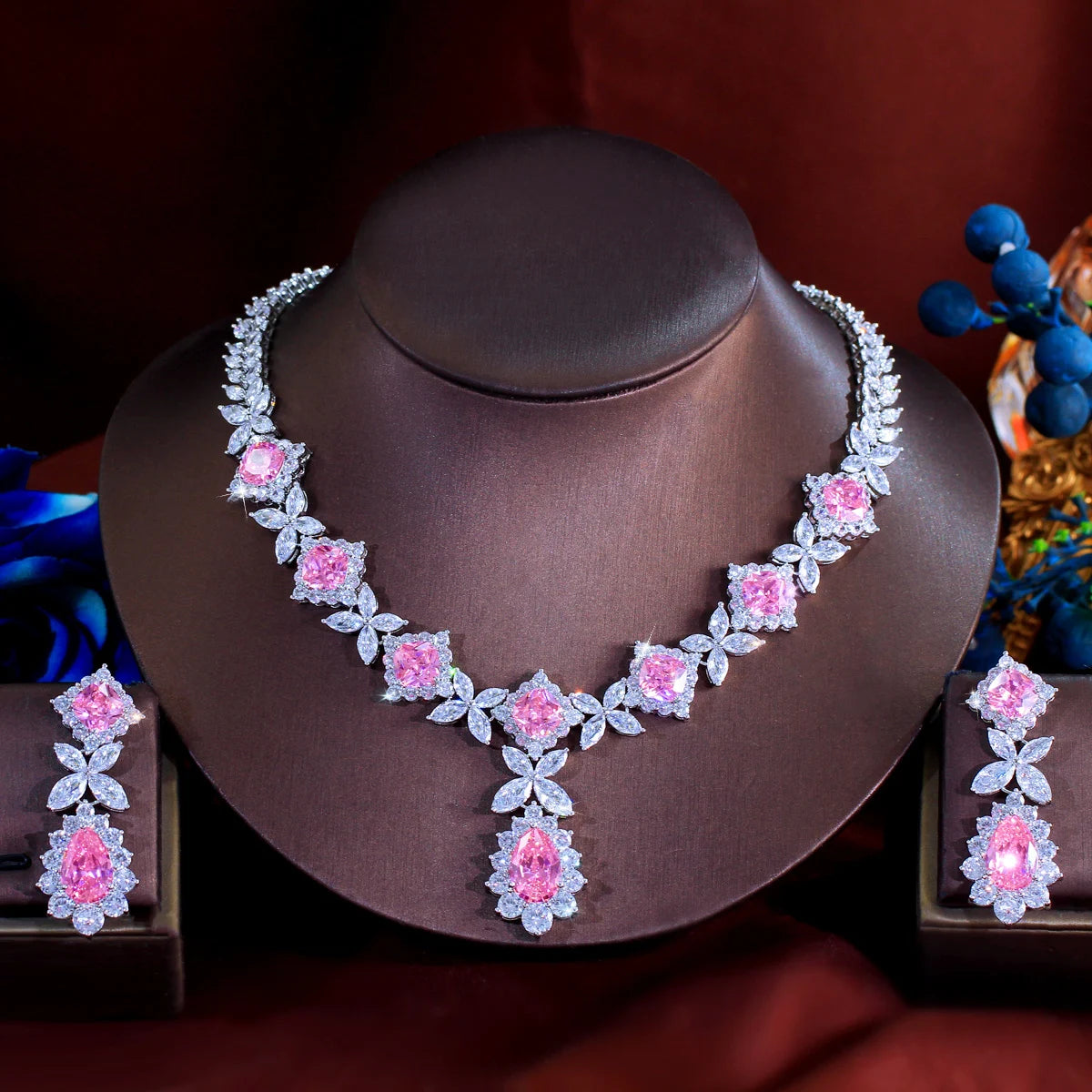 2024 Luxury Super Gorgeous Leaf Drop Pink Cubic Zirconia Dinner Wedding Bridal Necklace Earrings Top Jewelry Sets for Brides