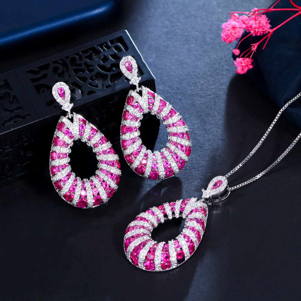 Micro Pave Excellent Fuchsia Red Cubic Zirconia Dangle Pendant Necklace Tear Drop Earring Jewelry Set for Women Festive Prom
