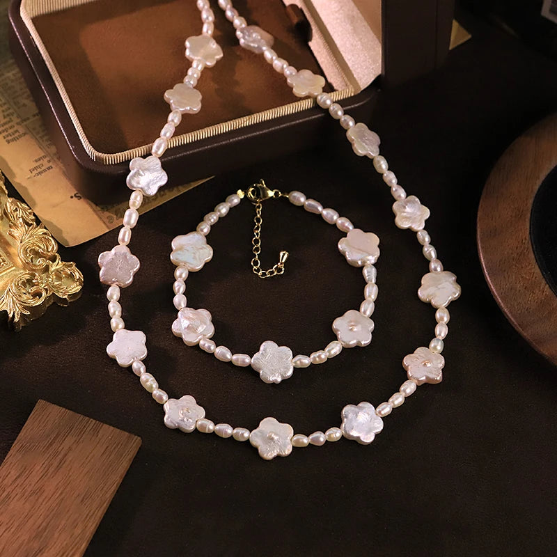 GLSEEVO Natural Flower Shaped Baroque Pearl Jewelry Set Floral Necklace Bracelet Gift for Mother's Day Birthday Fashion Jewelry