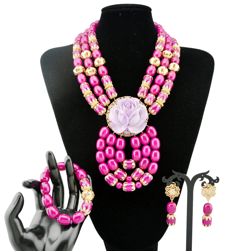 Zhuerrui Chunky Red Bead Statement Necklace Earrings Set, Gold Plated Crystal Jewelry for Women Suitable for Red Carpet YL433