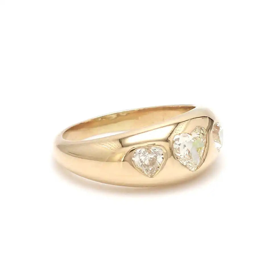 Luxury Design Minimalist 14k Gold Diamond Three Heart Gypsy Signet Rings Exquisite Trendy Karat Certified Women's Anniversary