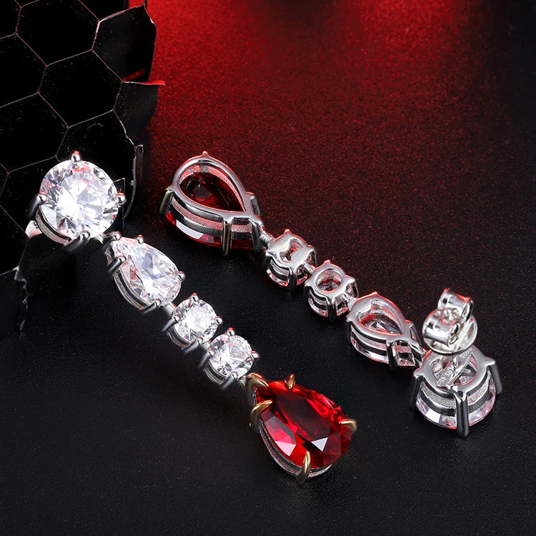 Gemfiori Anster High Quality Fine S925 Silver Lab Grown Ruby Stud Earrings Stylish and Elegant Long Earrings