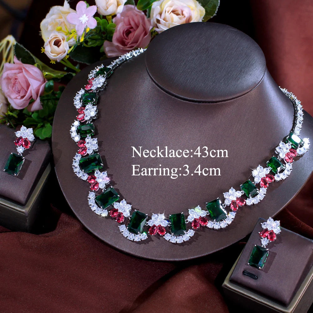Extravagant Colorful Red Green Necklace and Earrings Rectangle Cubic Zirconia Luxury Wedding Party Jewelry Set for Women
