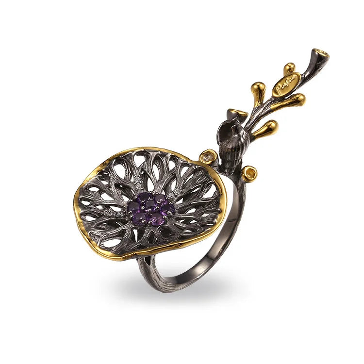 Fashion Handmade Lotus Leaf 925 Sterling Silver Ring With Black Gold Plated
