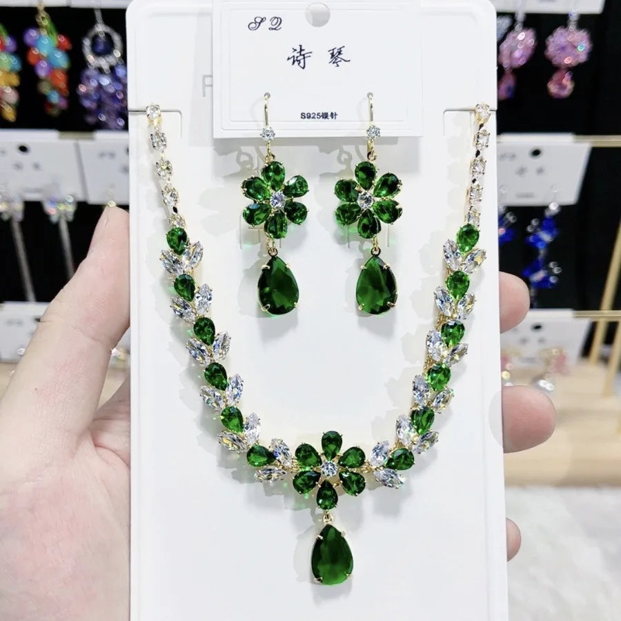 K058 Hot Selling Women Trendy Luxury Flower Zircon Necklace Earrings Set Wedding Elegant Jewelry Set