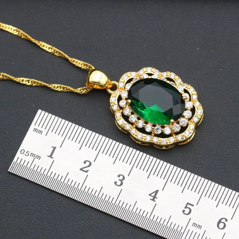 XOTICA Classic Gold Color Bridal Set for Women Wedding Engagement Emerald Zirconia Earrings Pendant Ring Bracelet Chain Alloy Christmas