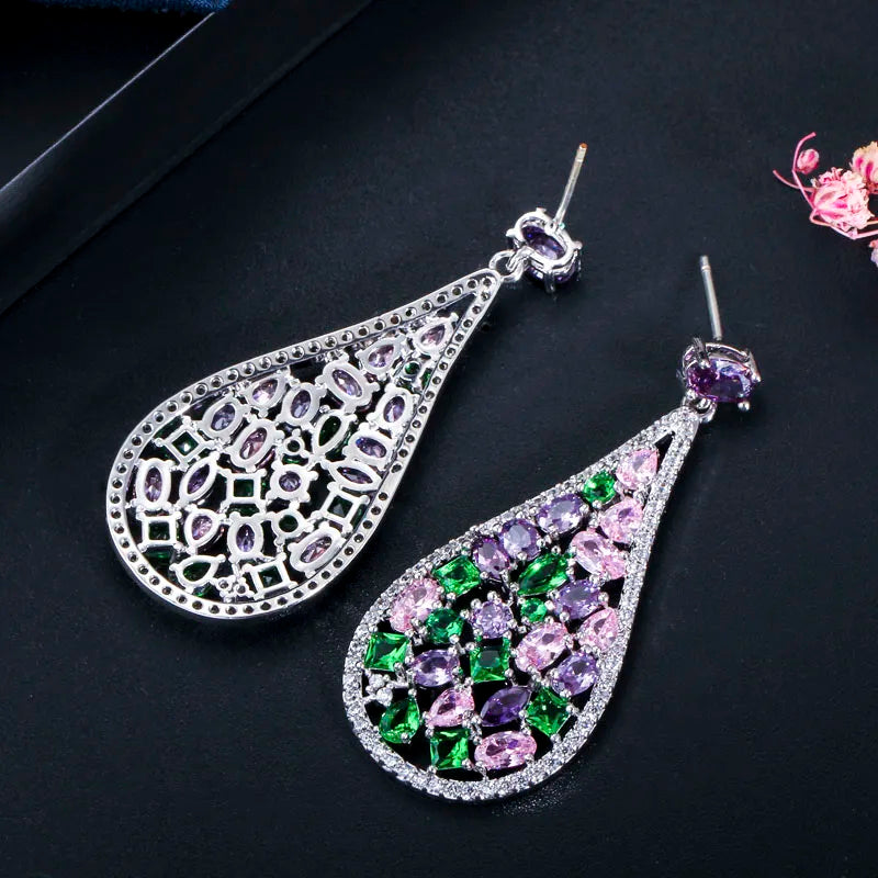 S&S Purple CZ Water Drop Dangle Earrings – Multi-Shape – 925 Silver Pin – Rhodium Plated – Collection