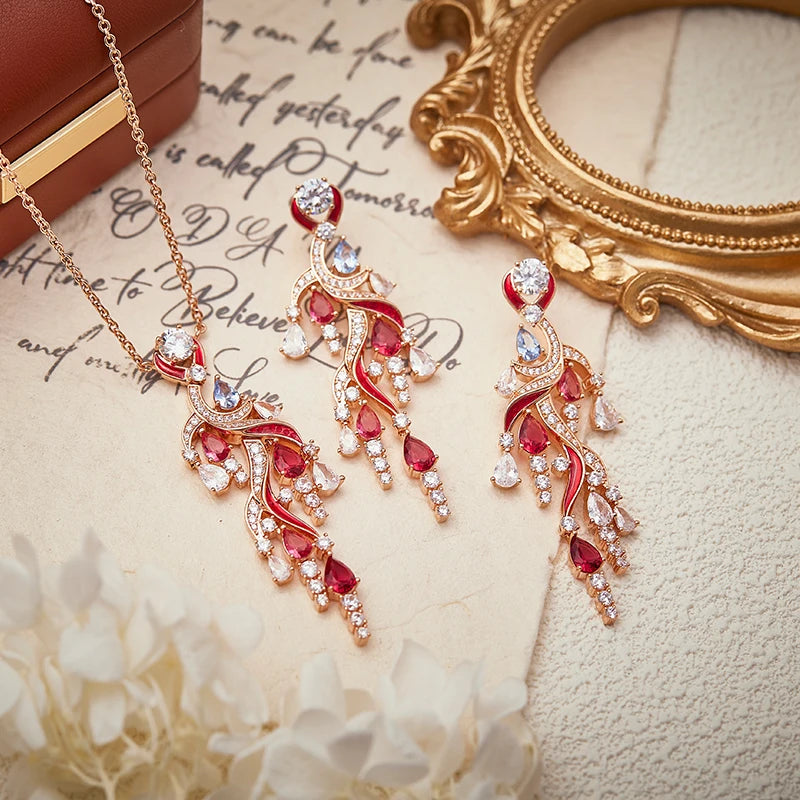 Interwoven Tassel Droplet Enamel Necklace Earring Set  Elegant and Exquisite Brass Gold-plated Daily Women's Accessories