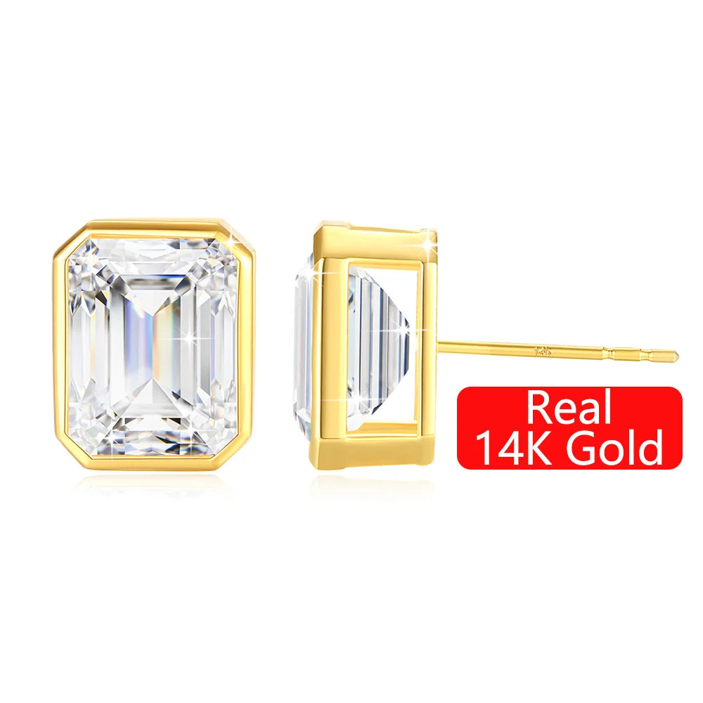 Gioiellieri Luxury Woman Engagement Jewelry Gift Classic Bezel Emerald Moissanite Stud Earrings 14K Gold Hollow