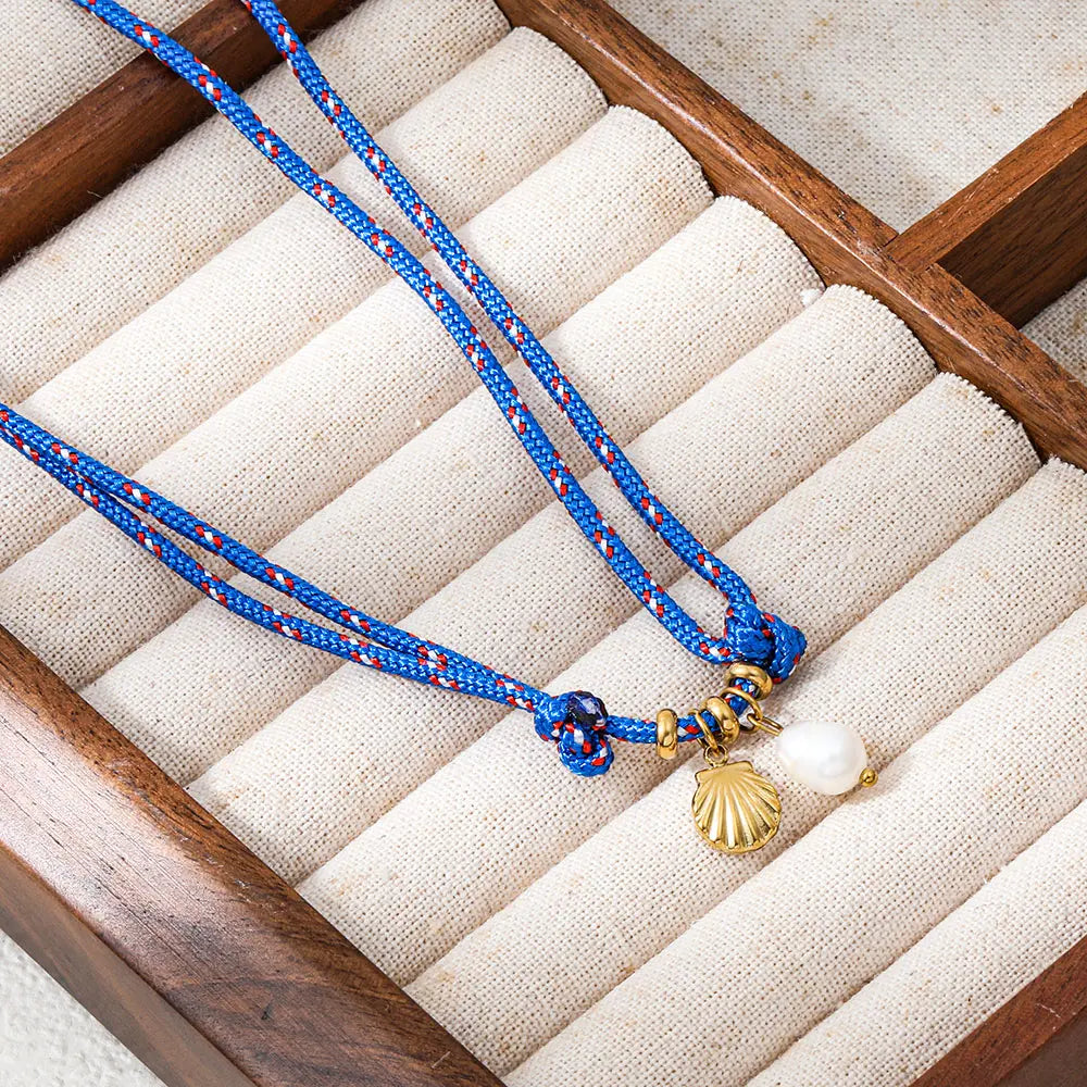 Joolim PVD Plated Wholesale Waterproof Fashion Nautical Shell Pearl Pendant Nylon Rope Chian Necklace Stainless Steel Jewelry
