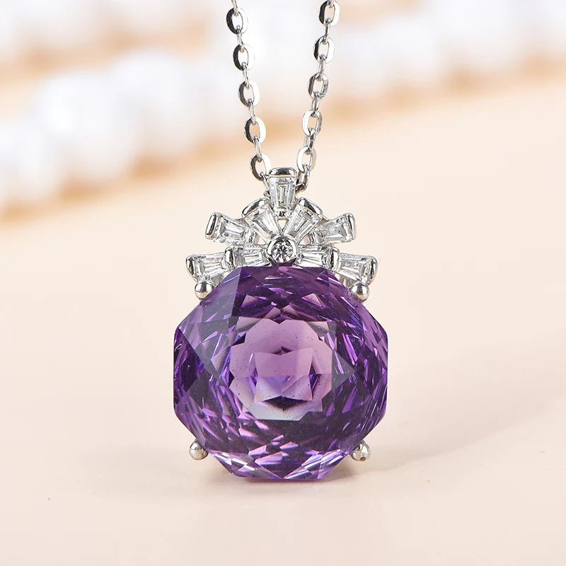 Gioiellieri High-Grade S925 Sterling Silver Natural Crystal Amethyst Rose Cut Pendant Necklace Claw Setting Rhodium Plated Third Party