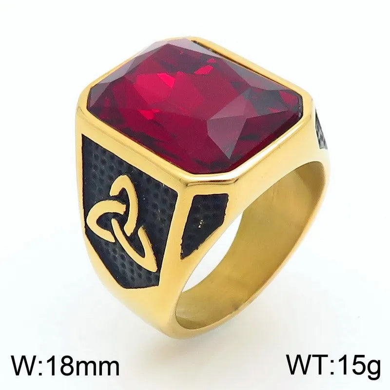 Kalen Vintage Viking Jewelry Luxury Court Style Gemstone Carved Zircon Inlays Stainless Steel Men Rings