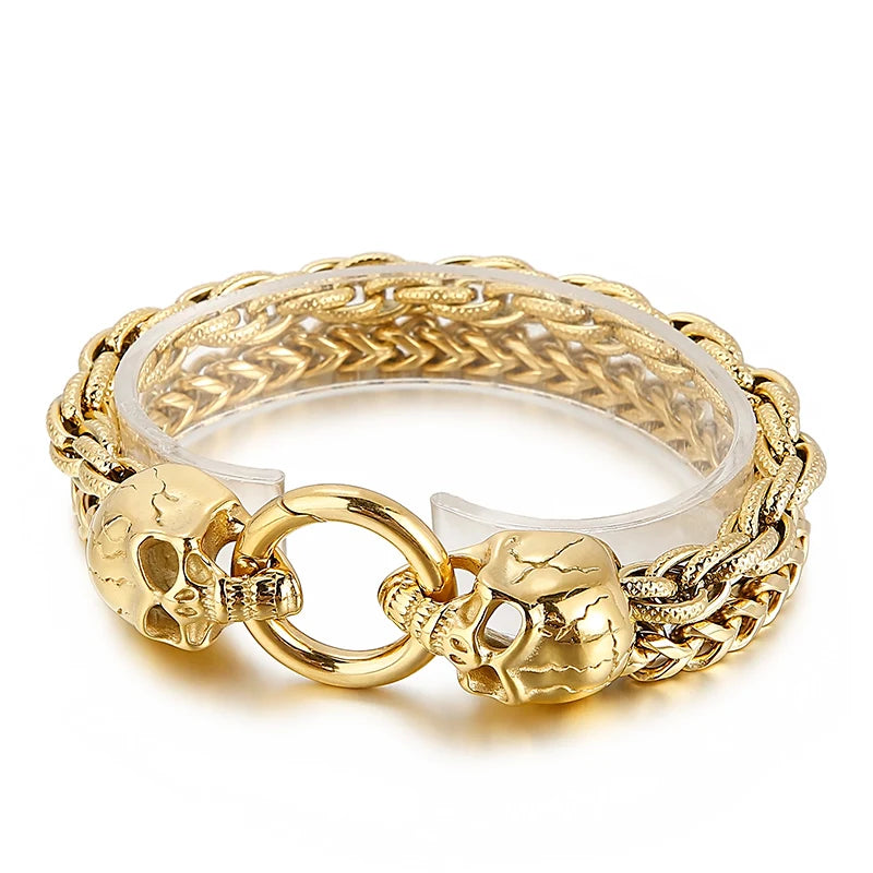 KALEN Punk Double Woven Chain 18K Gold Plating Skeleton Skull Head Men Stainless Steel Jewelry Bracelets