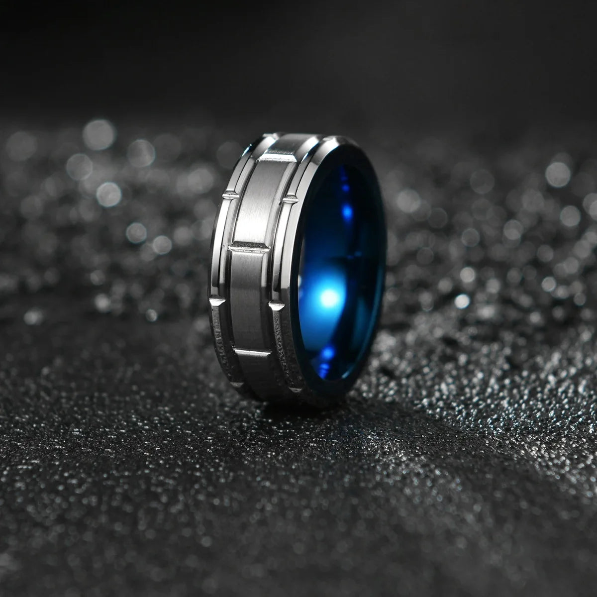 Men's Classic Blue and Steel Tungsten Gemstone Ring Third Party Certified for Engagement