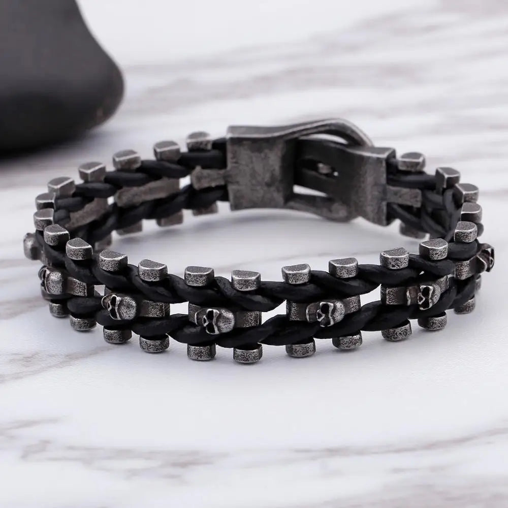 KALEN Charm Mens Skull Jewelry Leather Rope Braided Bracelet Handmade Stainless Steel Black Matte Punk Bracelets for Men