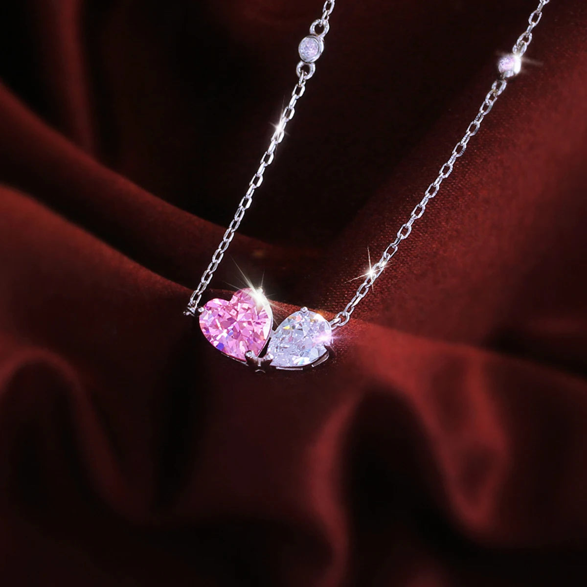 S&S 925 Sterling Silver Pink Heart CZ Drop Pendant Necklace – Rhodium Plated – Collection